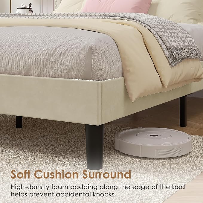 VECELO Queen Size Platform Bed Frame with Height Adjustable Upholstered Headboard, Modern Mattress Foundation,Strong Wood Slat Support, No Box Spring Needed, Easy Assembly,Beige