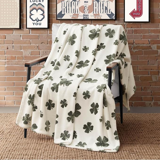 Lucky Brand 50" x 70" Plush Throw Blanket, Clover Ivory Blanket for Sofa or Bed