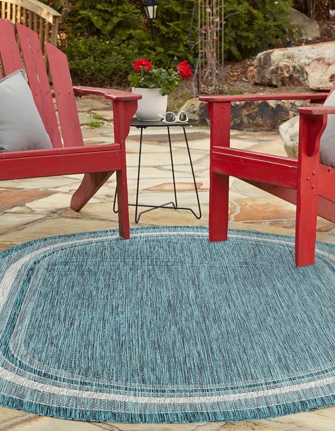 Unique Loom Outdoor Border Collection Area Rug - Soft Border (3' 3" x 5' 3" Oval, Teal/ Ivory)