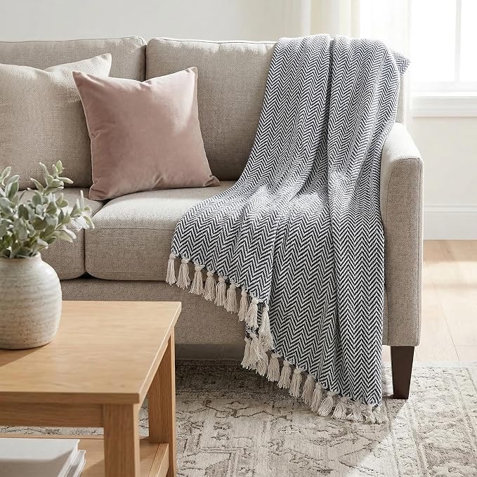 Americanflat 50x60 Throw Blanket - Soft and Breathable Cotton Throw Blanket for Couch, Bed, Chair - Decorative Blankets Perfect for Home or Outdoor Use - Navy Blue and White Herringbone Design