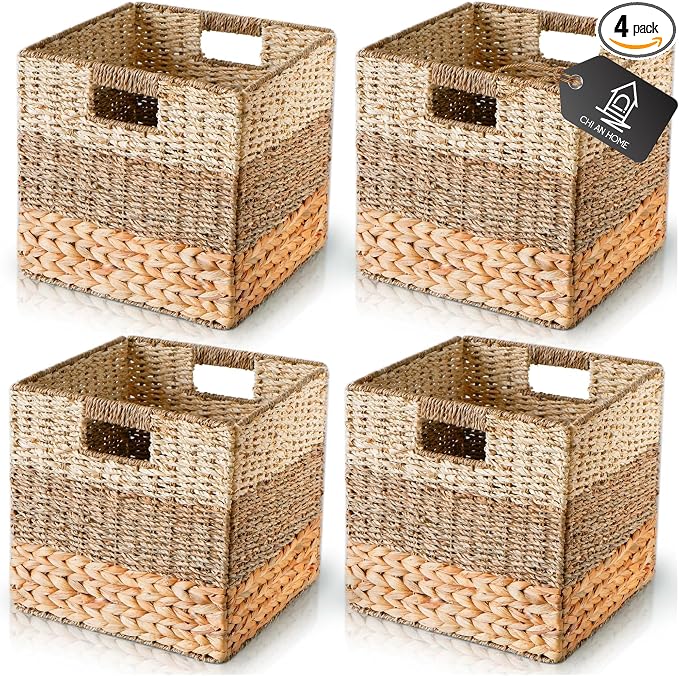 CHI AN HOME 11x11 Wicker Storage Cubes Storage Baskets For Shelves Set 4 | 10.5 x 10.5 Water Hyacinth Storage Baskets Woven With Seagrass, Palm Leaf. Foldable Square Baskets With Carry Handles