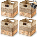 CHI AN HOME 11x11 Wicker Storage Cubes Storage Baskets For Shelves Set 4 | 10.5 x 10.5 Water Hyacinth Storage Baskets Woven With Seagrass, Palm Leaf. Foldable Square Baskets With Carry Handles