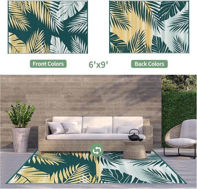GENIMO Outdoor Rug, Waterproof Plastic Rugs for Patio, 6'x9' Lime Green | Outside Larger Leaf Carpet Mat for Porch Decor, Deck, Balcony, Camping, RV, Backyard, Picnic, Beach, Reversible, Foldable