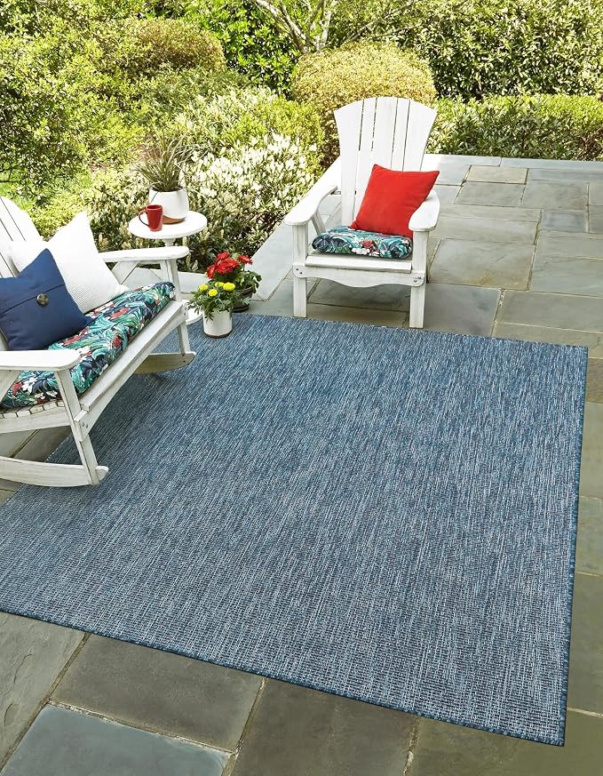 Unique Loom Collection Casual Transitional Solid Heathered Indoor/Outdoor Flatweave Area Rug (7' 10" Square, Blue/Navy Blue)