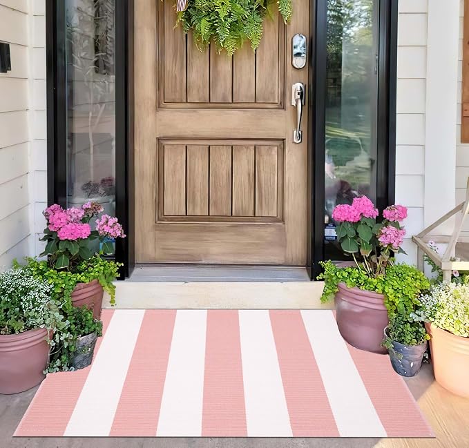 Front Outdoor Door Mat 2'x3',Pink Striped Outdoor Rug Machine Washable Cotton Layered Door Mat Entryway Throw Rug for Indoor Entrance