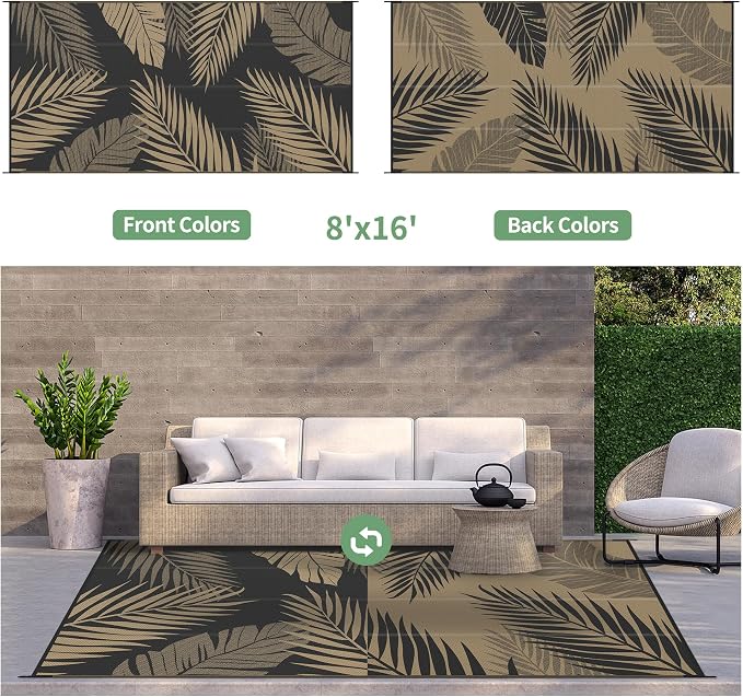 GENIMO Outdoor Rug, Waterproof Plastic Rugs 8'x16' for Camping Black Brown | Outside Larger Leaf Carpet Mat for Patio Decor, RV, Porch, Camper, Deck, Picnic, Beach, Backyard, Reversible, Foldable