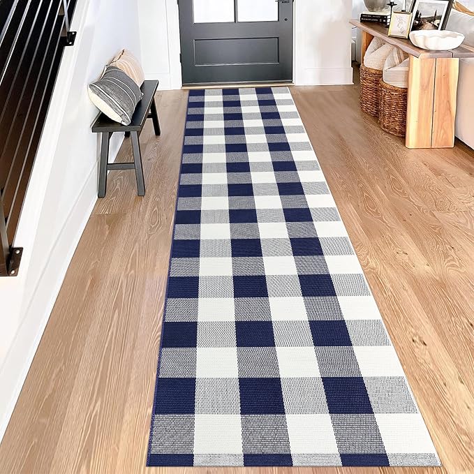 Buffalo Plaid Runner Rug 2x8 Feet Navy and White Checkered Hallway Runner Area Rug Farmhouse Cotton Woven Washable Carpet for Entryway, Kitchen, Laundry, Bedroom, Living Room