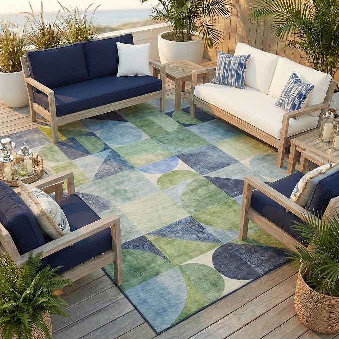 ReaLife Rugs Machine Washable Indoor Outdoor - Mat Rug Foldable Printed Thin Lightweight Cushioned Fade Resistant Patio Deck Dock Porch Pool Balcony Camping - Naya - Blue Green 5' x 7'
