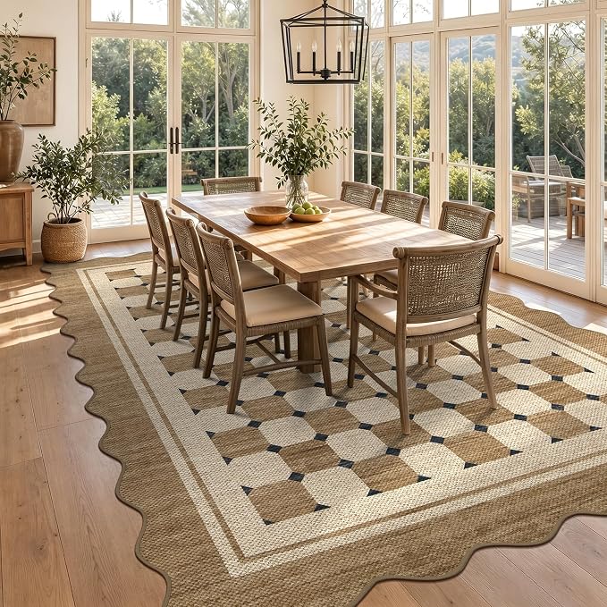 Garvee Easy Jute Rug Scalloped 5x7 Rugs for Living Room, Checkered Washable Non Slip Outdoor Patio Carpet, Farmhouse Indoor Area Rug Neutral Non Slip Carpet for Backyard Dining Room Deck 5'x7'