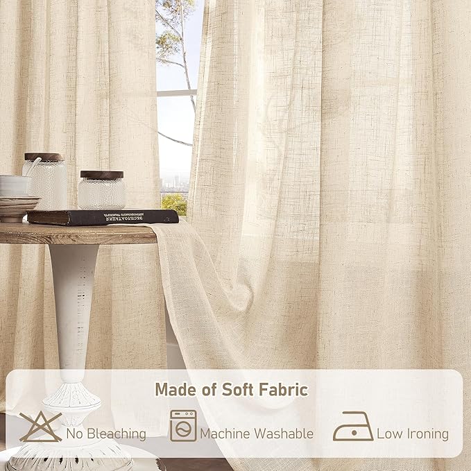LAMIT Light Filtering Linen Curtains 84 inches Long for Bedroom, Faux Linen Textured Semi Sheer Back Tab and Rod Pocket Burlap Boho Modern Drapes for Living Room/Farmhouse, 2 Panels, 52 x 84 Inch
