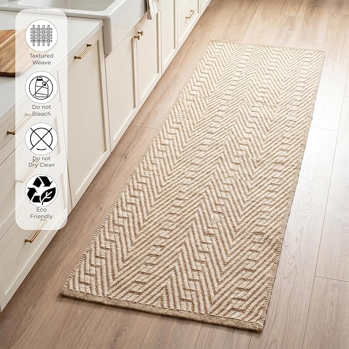 THE BEER VALLEY Jute Cotton Geometric Runner Rug 2x6 Feet - Natural White | Large Boho Kitchen Chevron Runners for Hallways, Easy Care Ivory Beige Laundry Room Rugs