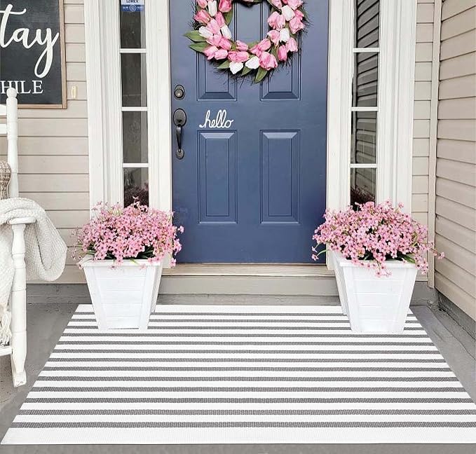 Striped Outdoor Porch Rug 27.5"x43",Farmhouse Grey and White Layered Doormat Cotton Woven Washable Entryway Rug Indoor Outdoor Front Door Mat for Porch/Entryway/Home Entrance Decor