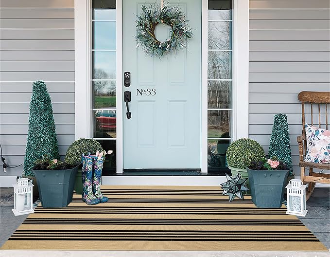 Black and Khaki Outdoor Rugs 3'x5', Washable Striped Porch Rugs Cotton Woven Indoor Outdoor Layered Door Mats Small Area Rug for Home Entrace Decor/Bedroom/Entryway
