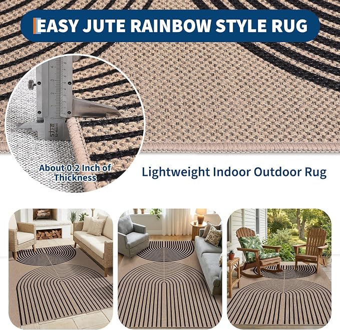 COZYLOOM 8x10 Patio Outdoor Rug, Modern Rainbow Easy Jute Rug with Non Slip Backing, Non Shedding Stain Resistant Arch Striped Area Rugs for Living Room, Bedroom, Dining Room, Backyard, Nature＆Black