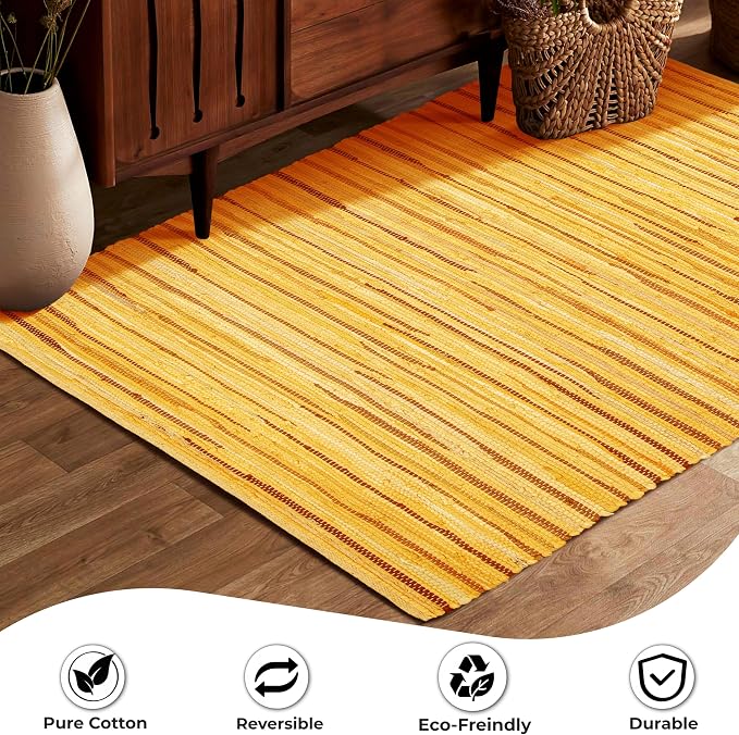 Ramanta Home 100% Cotton Hand Woven Tonal Chindi Rag Rug 3'x5' - Mustard, Recycled Reversible Rugs, Boho Rustic Farmhouse Rugs for Living Room, Dinning Room, Kitchen Floor Mats - 36"x60"