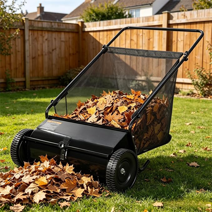 Steel 26 Inch Push Lawn Sweeper with 7 Cu ft Hopper Bag | Walk Behind Heavy Duty Leaf Collector and Yard Sweeper, Adjustable Brush Height for Patio Driveway & Garden Grass