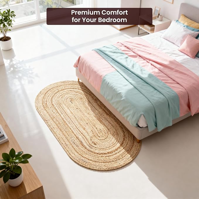 Craft Trade Large Natural Jute Rug Hand Woven Braided Reversible Rustic Area Rugs for Living Room Bedroom Home Decor Vintage Boho Farmhouse Sisal Carpet - Oval 5x7 Feet