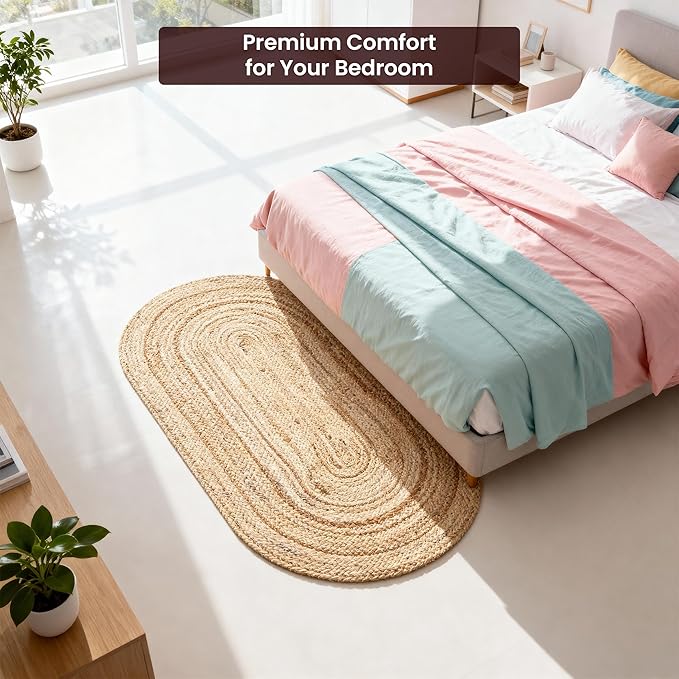 Craft Trade Oval Jute Area Rug, 4x6 Feet, Natural Braided Handwoven Floor Carpet, Reversible Oval Jute Rug for Living Room, Bedroom and Dining Space