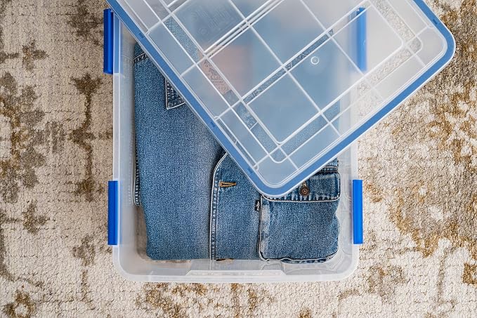 IRIS USA 3-Pack 26.5 Qt Storage Bins with Gasket Lids, Clear/Blue | WeatherPro seal protects everyday essentials in closets, offices and laundry rooms