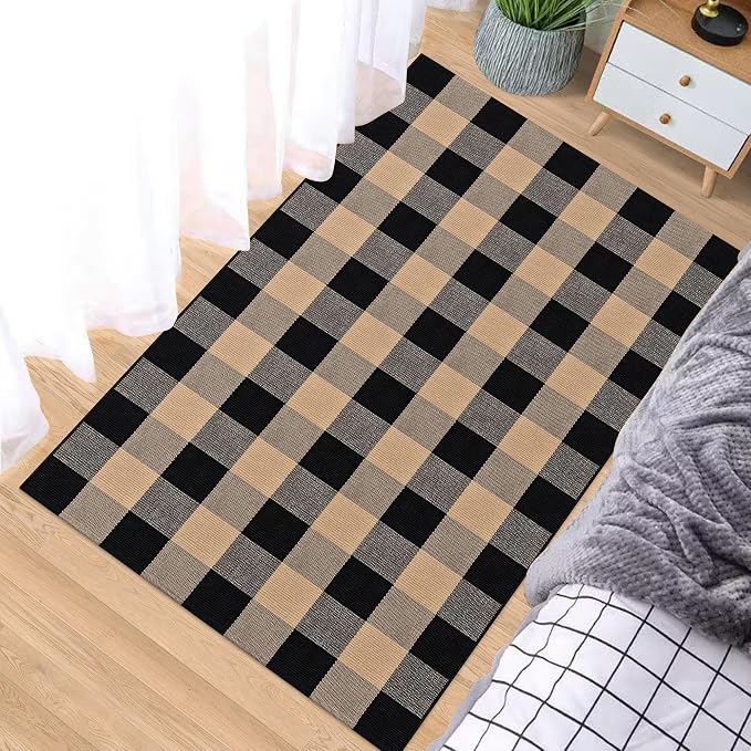Buffalo Plaid Rug 2x3 Brown and Black Checkered Rug Grid Indoor Outdoor Doormat Porch Layering Carpet Cotton Woven Washable Area Mat for Patio Entryway Farmhouse Decor