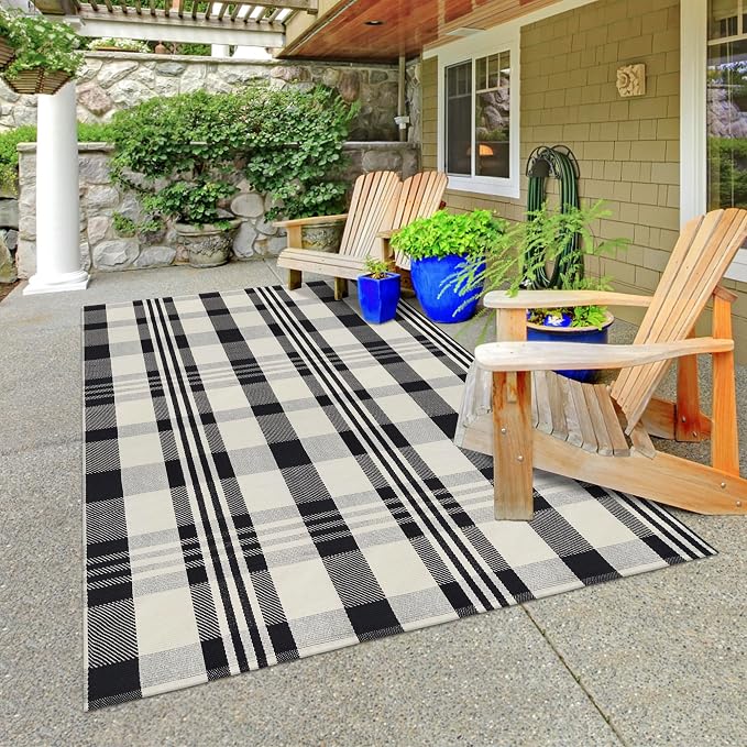 Buffalo Plaid Outdoor Rug 4x6 Cotton Woven Rug Black and Off White Checkered Rug Front Porch Decor Washable Indoor Outdoor Area Rug for Living Room Bedroom Dining Room Patio Farmhouse Carpet