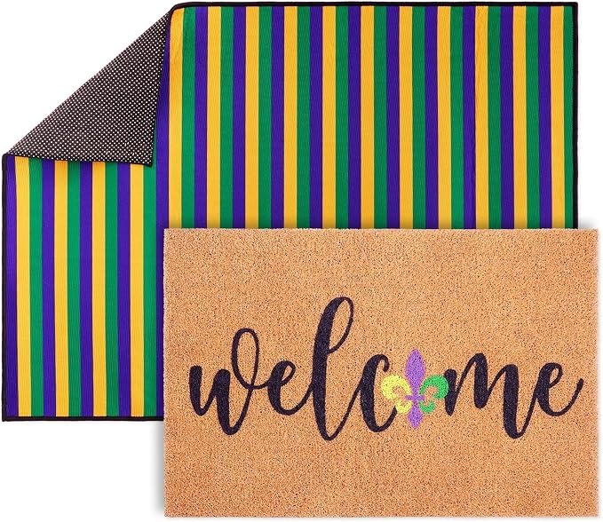 2 Pcs Mardi Gras Welcome Doormat, Welcome Mardi Gras Masks Mat, Carnival Fleur De Lis Non Slip Coir Mat Floor Striped Layering Doormats Seasonal for Front Porch Entryway Decor 24" x 32"