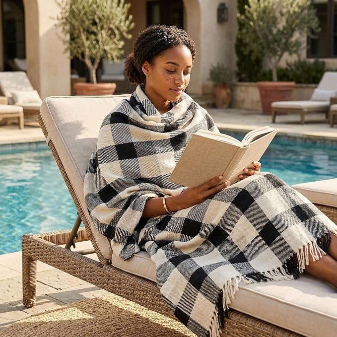 Americanflat 50x60 Throw Blanket - Soft and Breathable Cotton Throw Blanket for Couch, Bed, Chair - Decorative Blankets Perfect for Home, Office, or Outdoor Use - Black, Cream and Beige Plaid Design