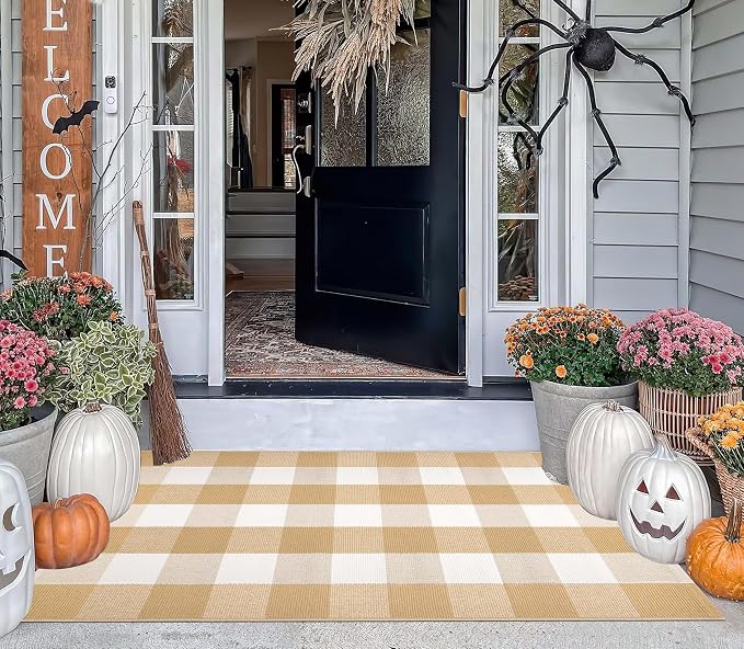 Front Door Mat Outdoor Entrance 27.5''x 43.3''Checkered Porch Rug Cotton Washable Farmhouse Layered Doormat for Indoor/Outdoor, Kitchen, Entryway,Bathroom