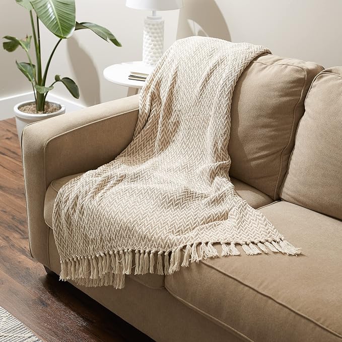 DII Modern Zig Zag Throw Blanket Woven Cotton, Hand-Knotted 2.5" Fringe, 50x60, Stone