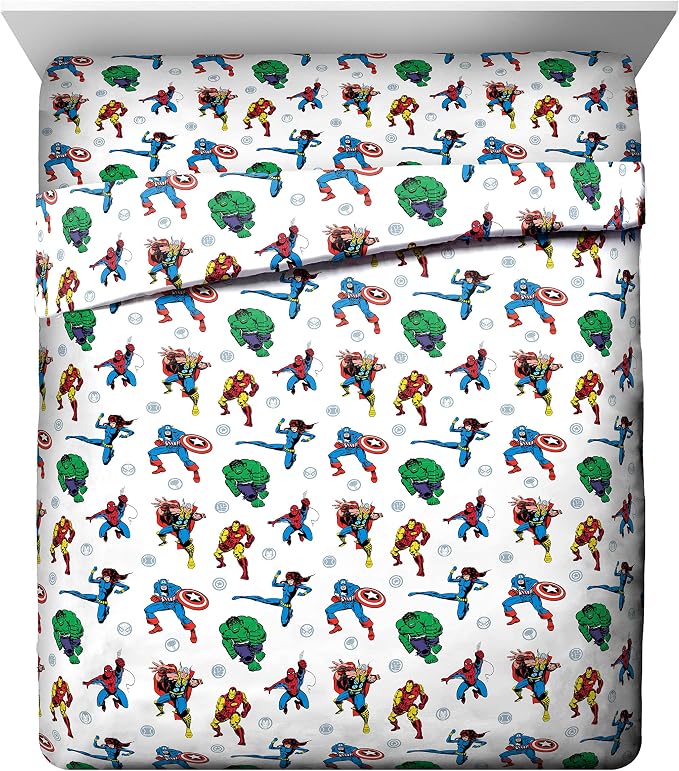 Marvel Comics Iron Man Queen Comforter Set 5 Piece Kids Bedding, Multi | Hulk Captain America, Bed in a Bag, Comforter Sheets Pillowcases, Soft Microfiber, Machine Washable, Boys Gift