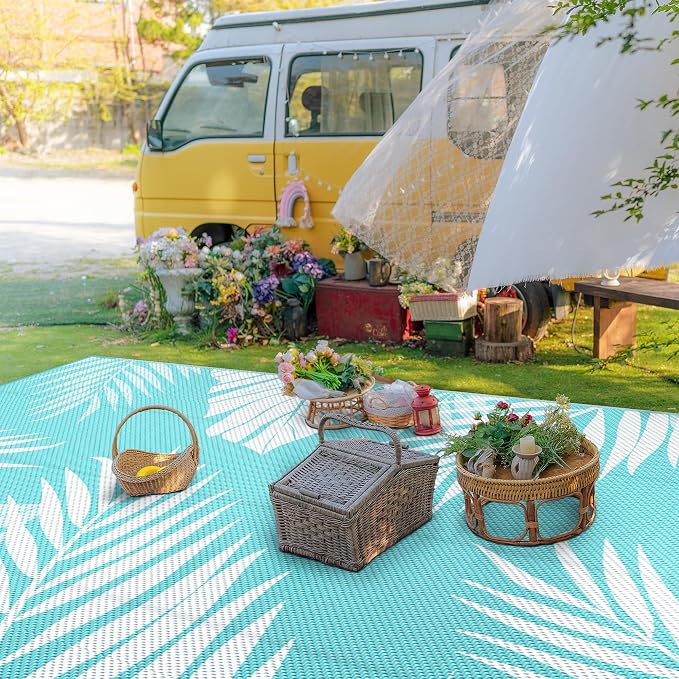 GENIMO Outdoor Rug, Waterproof Plastic Rugs 10'x14' for Camping Navy White | Outside Larger Leaf Carpet Mat for Porch Decor, Deck, Camping, RV, Backyard, Balcony, Picnic, Beach, Reversible, Foldable