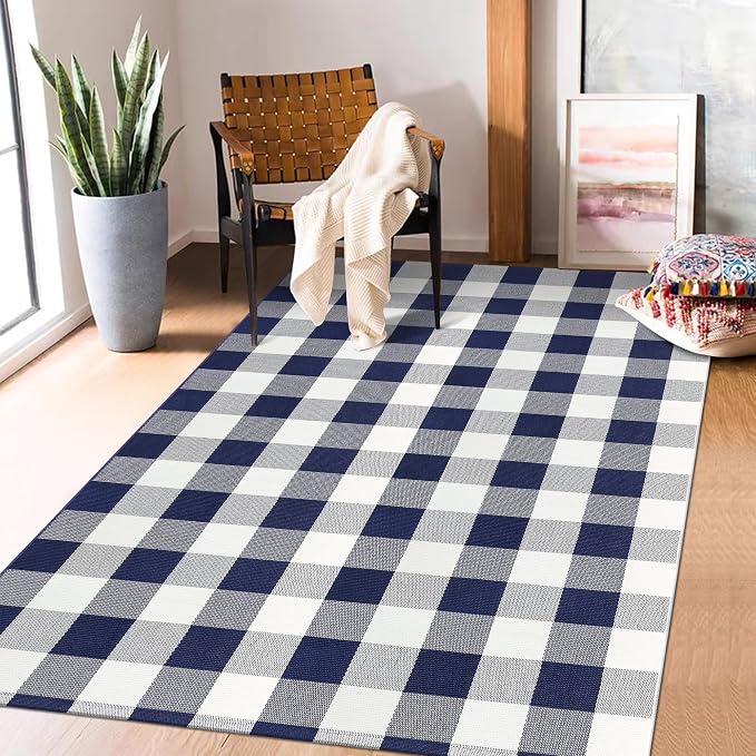 Buffalo Plaid Outdoor Patio Rug 4x6 Feet Buffalo Check Rug Cotton Woven Navy and White Checkered Outdoor Indoor Rug Washable Carpet for Living Room Dining Room Bedroom Farmhouse