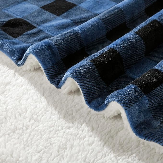 Elegant Comfort Luxury Ultra-Plush Velvet Touch Buffalo Plaid Fleece Throw - Soft, Warm, Cozy Micromink Sherpa-Backing Reversible Blanket for Bed, Sofa and Couch, Buffalo Blue