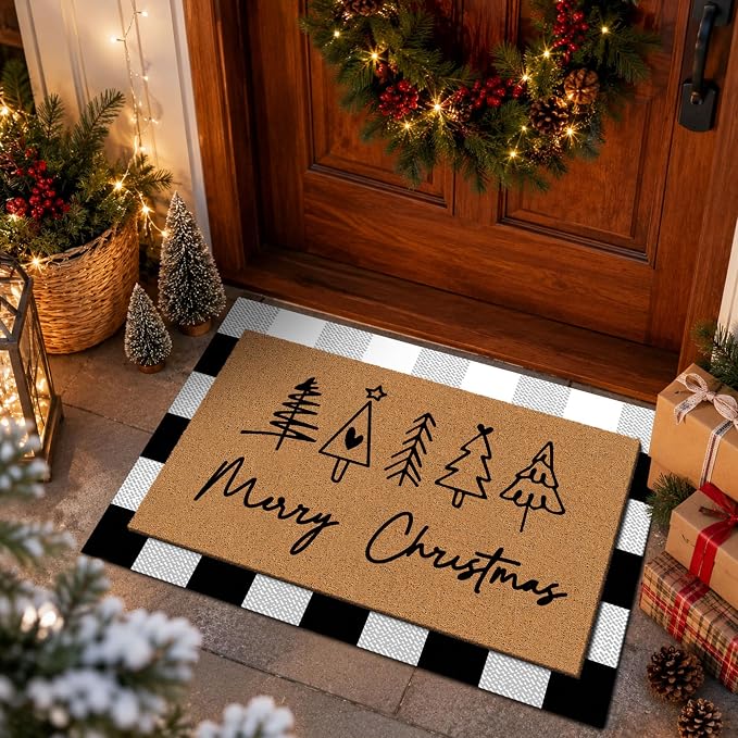 Tinideya 2 Pcs Door Mat Welcome Non Slip Coir Mats Floor Layering Doormats Seasonal for Front Porch Entryway Decor(Christmas)