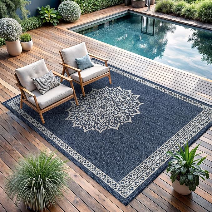 CAMILSON Outdoor Rug 6x9 Medallion Blue Modern Area Rugs for Indoor and Outdoor Patios Kitchen and Hallway Mats Washable Porch Deck Outside Carpet (Medallion Blue 6 x 9)
