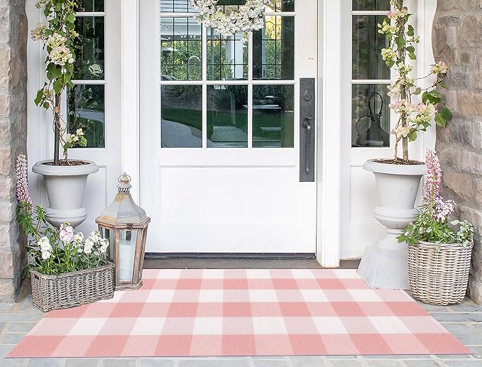 Pink and White Outdoor Rug 2'X4.3' Buffalo Plaid Checked Front Porch Rug Cotton Woven Washable Rug Layering Doormat for Welcome Door Mat Entryway Dining Room Bedroom Living Room