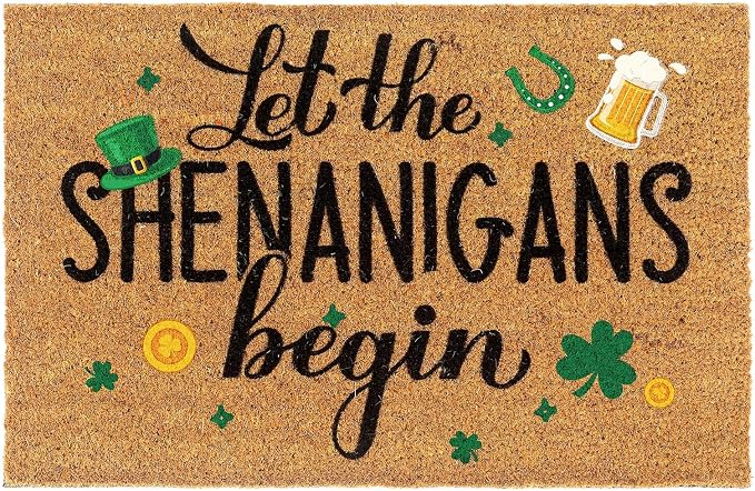 Ceenna St. Patrick's Day Welcome Doormat Outdoor St. Patrick's Day Coir Doormat with Non Slip Backing Shamrock Clover Green Irish Door Mat Front Porch Rugs for Home Entrance, 16 x 28Inches