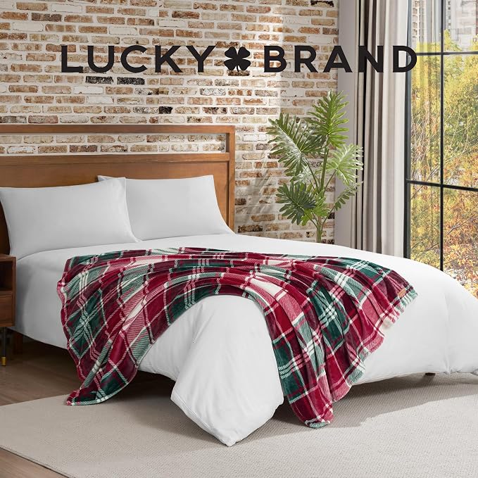 Lucky Brand Plush Winter Red Plaid 50"x70" Soft Throw Blanket - Luxurious Microfiber Plush Blanket for Ultimate Comfort and Cozy Warmth