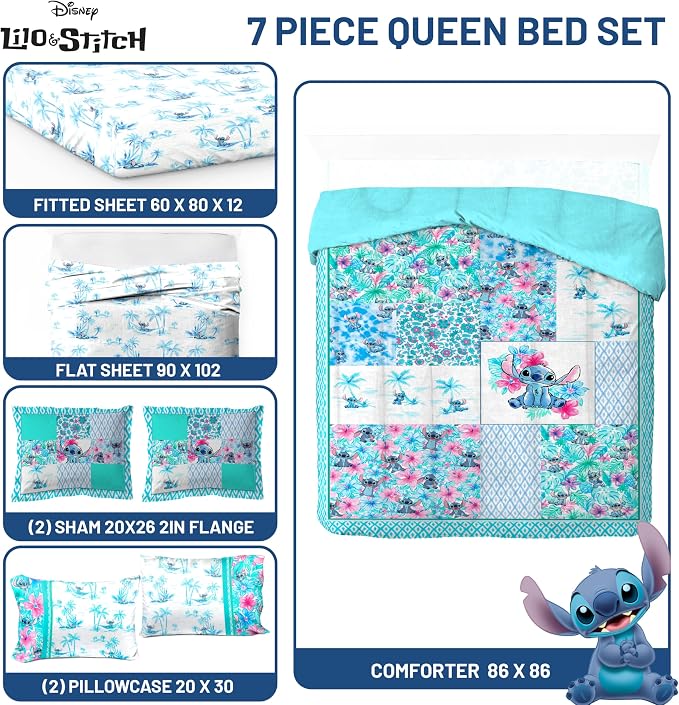 Disney Lilo and Stitch Queen Comforter Set 7 Piece Cartoon Bedding, Multi | Floral Bed in a Bag, Comforter Sheets Shams Pillowcases, Official Product, Soft Microfiber, Machine Washable, Girls Gift