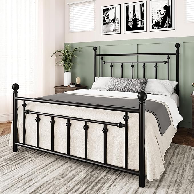 Allewie 14'' Queen Size Metal Platform Bed Frame, Vintage Headboard, Black | 50'' Tall Victorian Headboard/Footboard/Mattress Foundation/Under Bed Storage/No Box Spring Needed/Easy Assembly/Noise Free