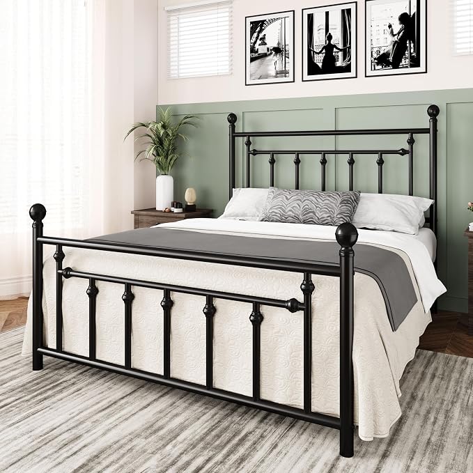 Allewie 14'' Full Size Metal Platform Bed Frame, Vintage Headboard, Black | 50'' Tall Victorian Headboard/Footboard/Mattress Foundation/Under Bed Storage/No Box Spring Needed/Easy Assembly/Noise Free
