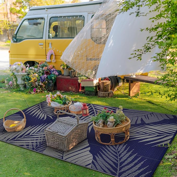 GENIMO Outdoor Rug 3'x5' Waterproof for Porch, Plastic Door Mat Blue Grey | Outside Leaf Carpet for Patio Decor, Balcony, Deck, Backyard, Picnic, Camping, RV, Reversible, Foldable, Lightweight