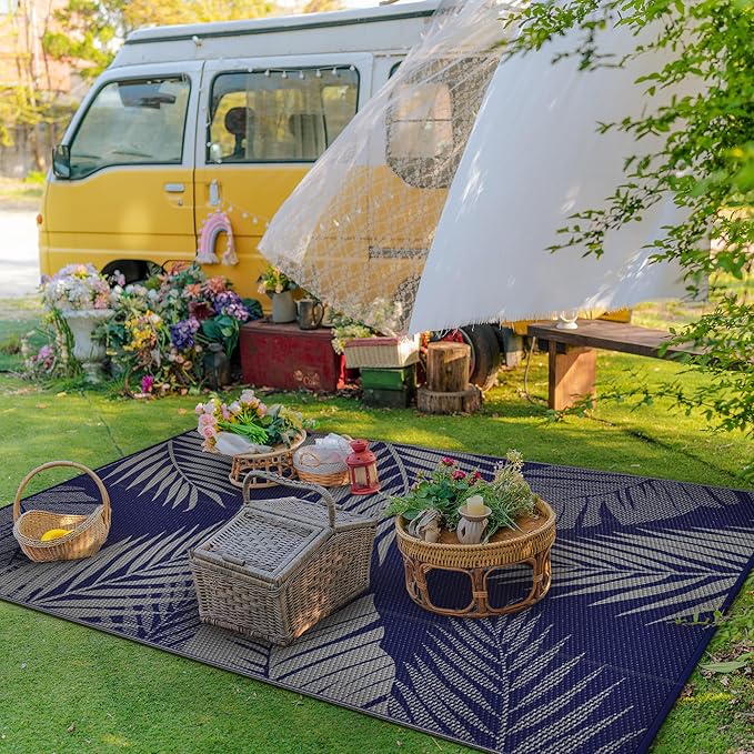 GENIMO Outdoor Rug, Waterproof Plastic Rugs for Patio, 6'x9' Blue Grey | Outside Larger Leaf Carpet Mat for Porch Decor, Deck, Balcony, Camping, RV, Backyard, Picnic, Beach, Reversible, Foldable