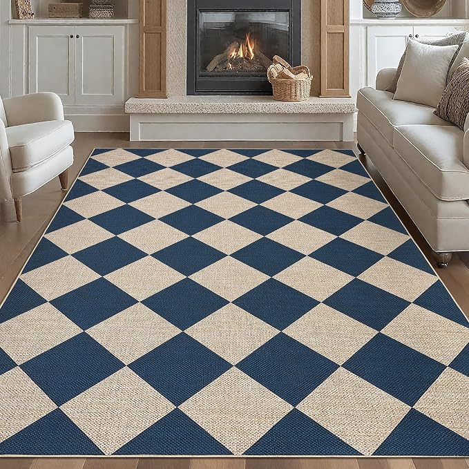 GarveeHome Easy Jute 8x10 Area Rugs for Living Room Checkered Rugs Machine Washable Non-Slip Backing Indoor Outdoor Carpets for Farmhouse Dining Room Nursery Patio Navy Blue