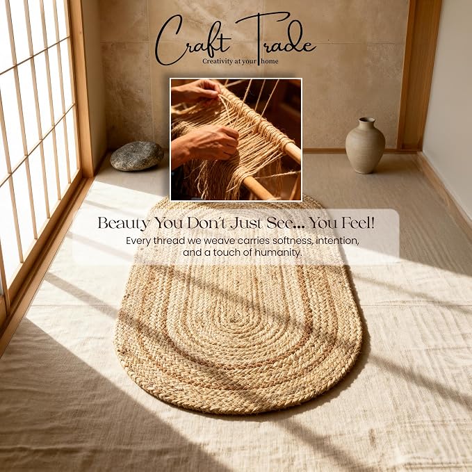 Craft Trade Oval Jute Area Rug, 5x8 Feet, Natural Braided Handwoven Floor Carpet, Reversible Large Oval Jute Rug for Living Room, Bedroom and Dining Area
