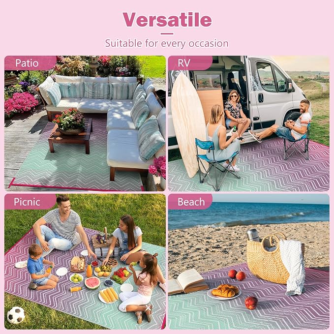 Lahome Outdoor Rugs 8x10 Waterproof, Reversible Plastic Large Outdoor Rug for Patios, Outside RV Mat Carpet for Patio Deck Porch Backyard Balcony Picnic Trailer(Purple/Blue, 8' x 10')