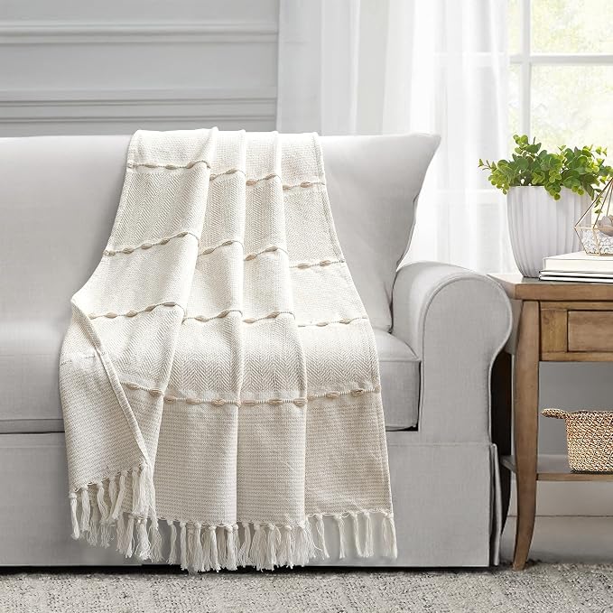 Lush Decor Herringbone Stripe Woven Tassel Yarn Dyed Cotton Throw Blanket 50" W x 60" L Neutral & White - Striped Throw Blankets - Beige Couch Blanket