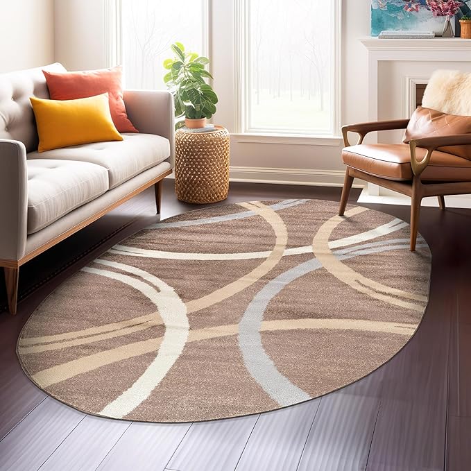 Rugshop Wavy Circles Modern Non-Shedding Living Room Oval Rug Brown 5' x 7' | Oval, Size 5' x 7', Bedroom, Dining Room, Home Office, Kitchen, Entryway, Hallway, Nursery, Kids Room, Guest Room