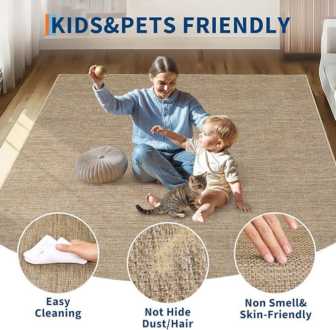 GarveeHome 10x13 Living Room Area Rug Large Easy Jute Bedroom Rugs | Non Slip Modern Solid Color Dining Room Throw Carpet Stain Resistant Neutral Washable Rug for Nursery Home Office Decor, Jute