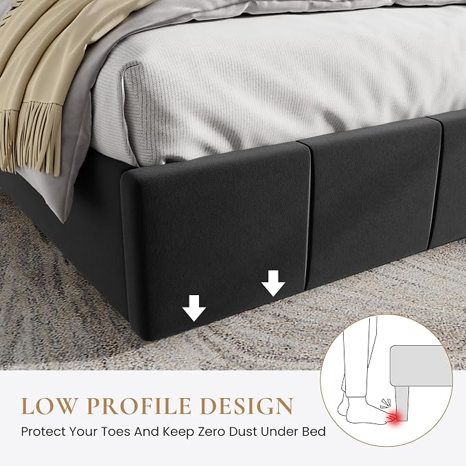 SHA CERLIN King Size Bed Frame, Velvet Upholstered Platform Bed, Vertical Channel Tufted Adjustable Headboard, Low Profile Bed Frame, No Box Spring Needed, Easy Assembly, Black